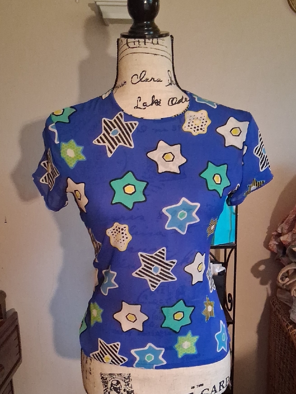 Gianni Versace Blue Star Pattern Short Sleeve Tee Small